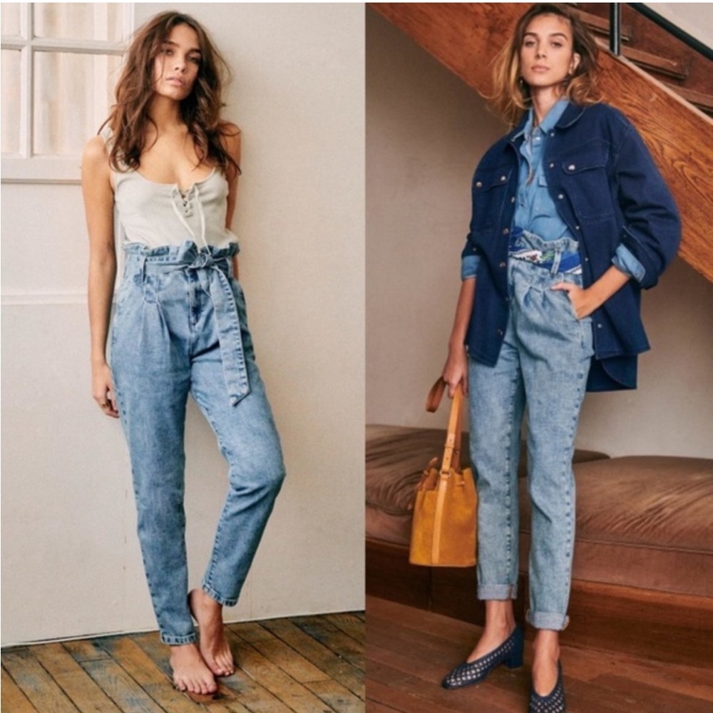 Sezane Austin Paper Bag Bleached High Waist Jeans Size 38